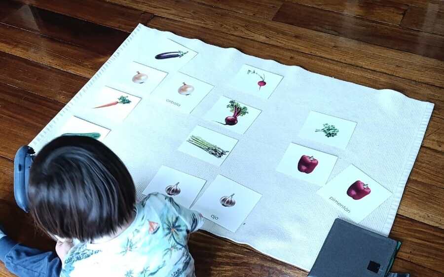 Niña trabajando con tarjetas de nomenclatura de vegetales en Casa de Niños