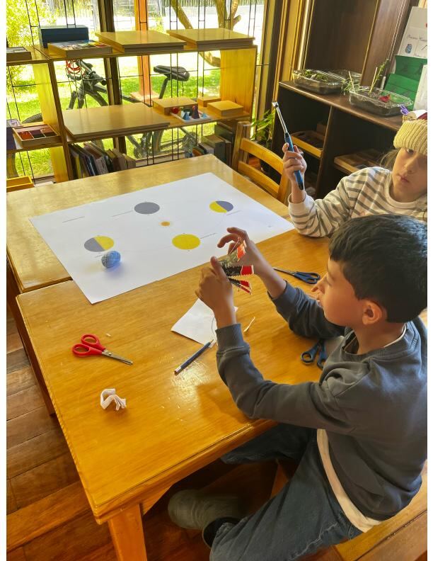 Dos niños de Taller elaborando el cartelón de los solsticios